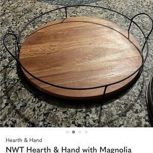 Hearth & Hand Round Wood Tray with Black Metal Frame